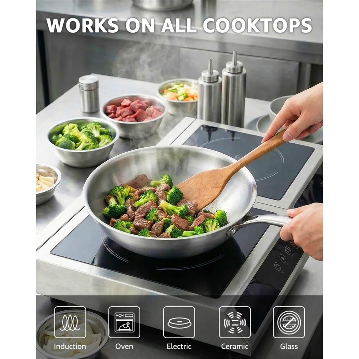Wok Electric Flat - Wok Premium de Aço Inoxidável Tri-Ply